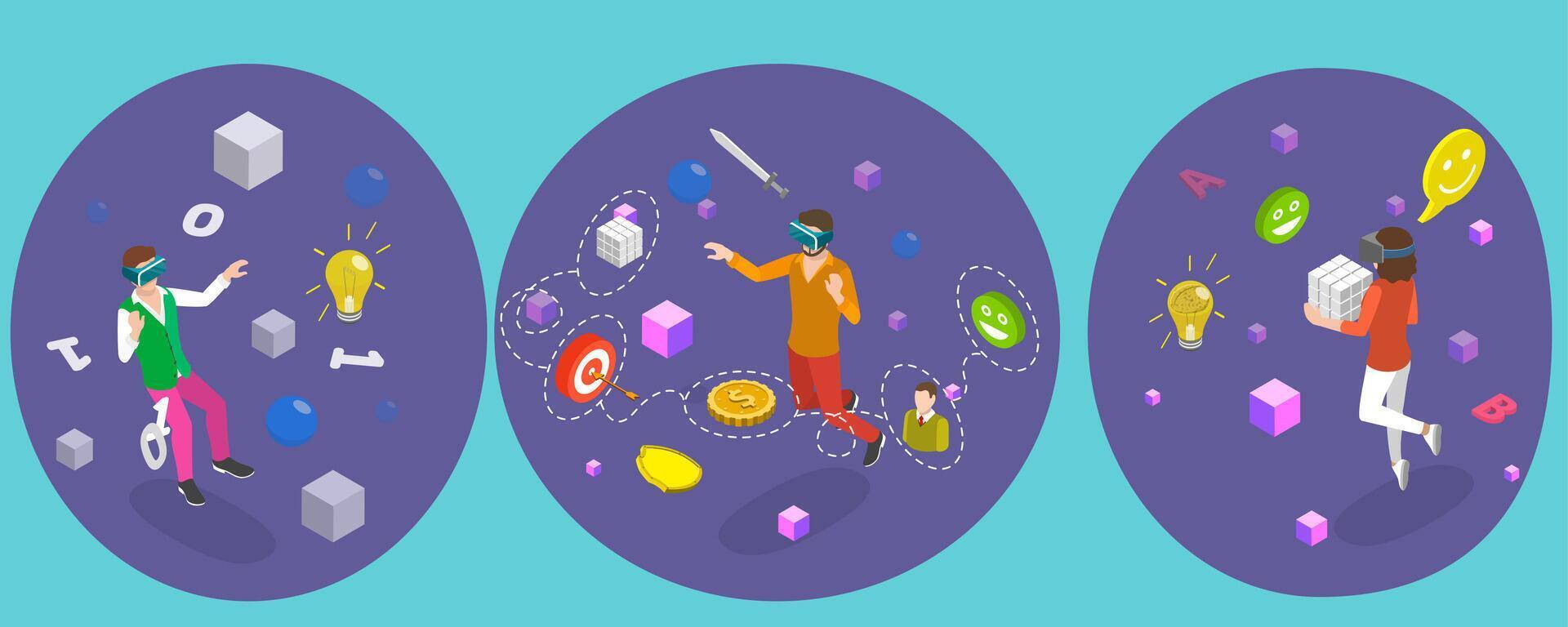 3D Isometric Flat Illustration of Metaverse, Augmented Reality, Virtual World vector