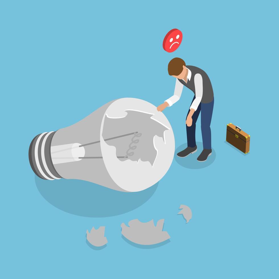 3D Isometric Flat Illustration of Business Failure, Cracked Lightbulb vector