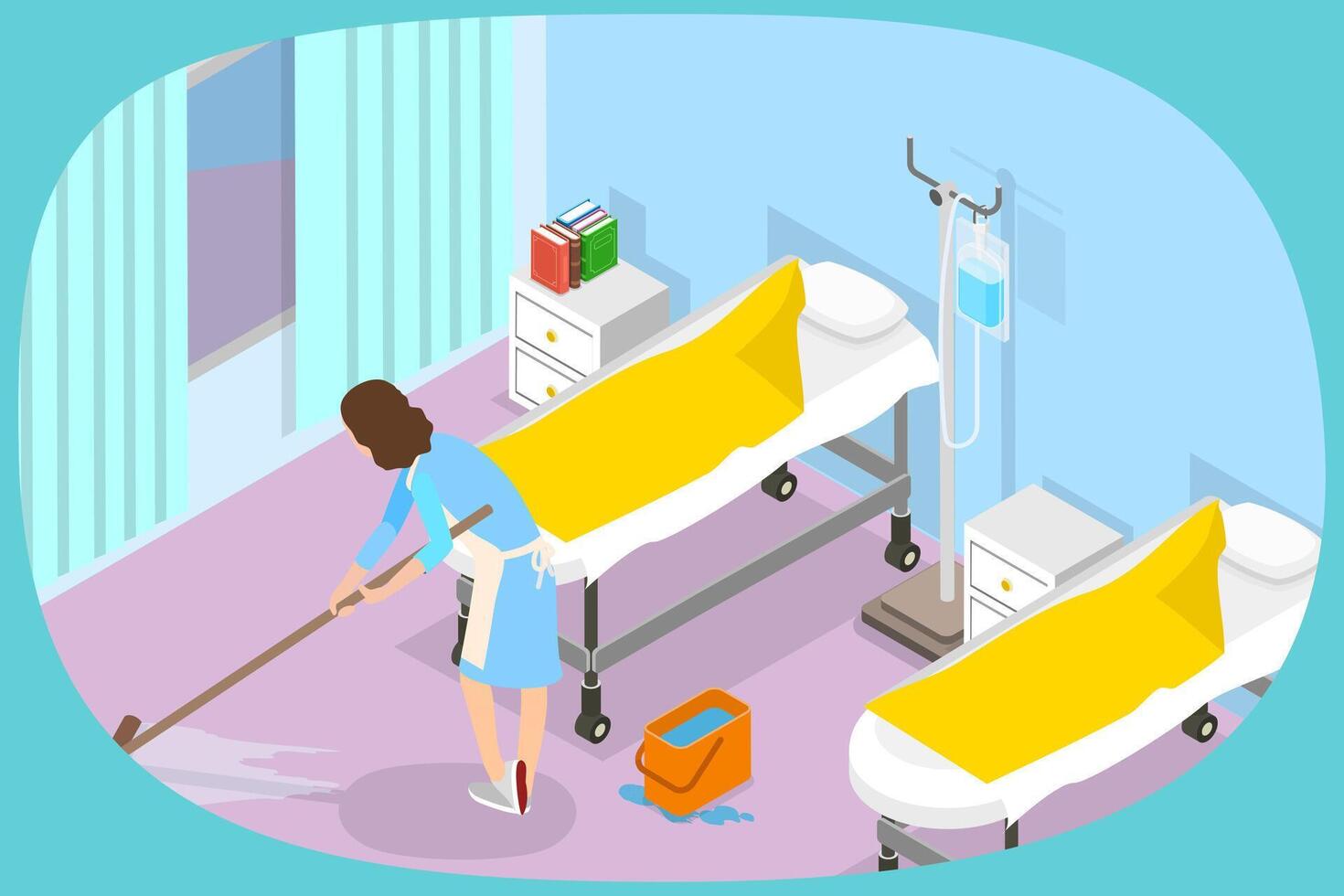 3D Isometric Flat Illustration of Mopping Hospital Floor, Cleaning Service vector