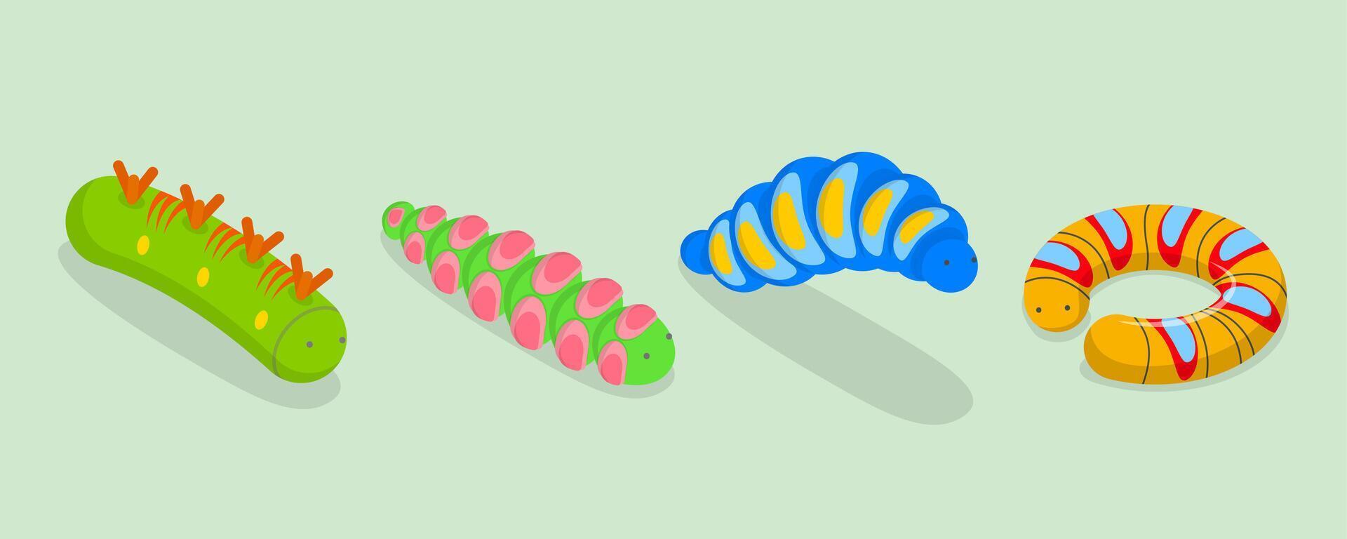 3D Isometric Flat Set of Caterpillars, Spring Insects vector