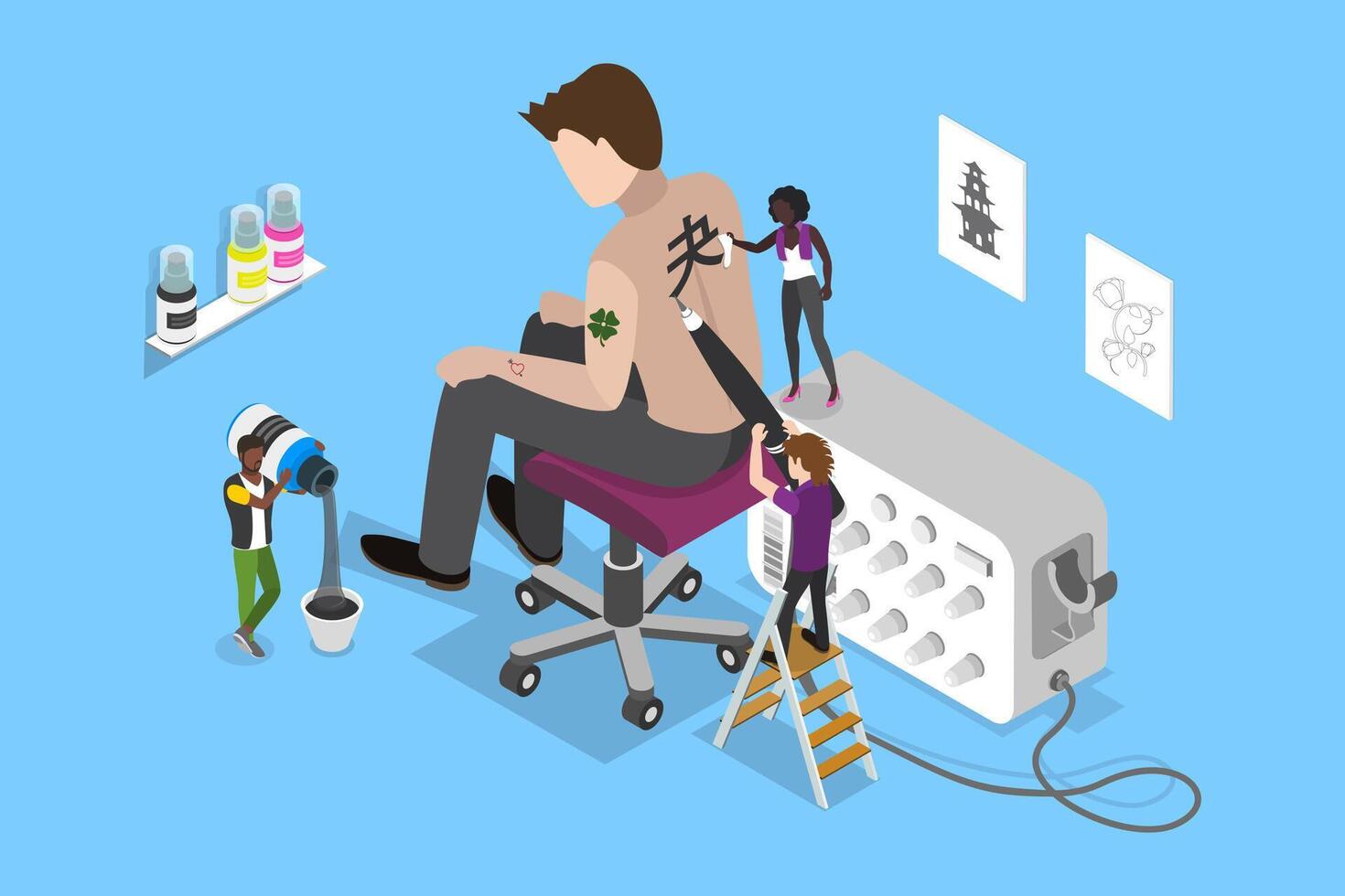 3D Isometric Flat Illustration of Studio Tatto, Professional Artist at Work vector