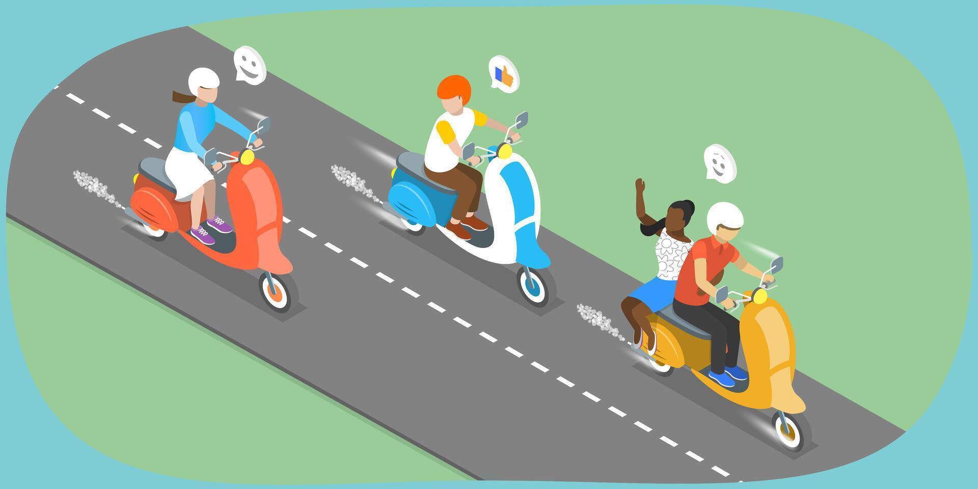 3D Isometric Flat Illustration of Riding On Motorbikes, Riding a Scooter vector