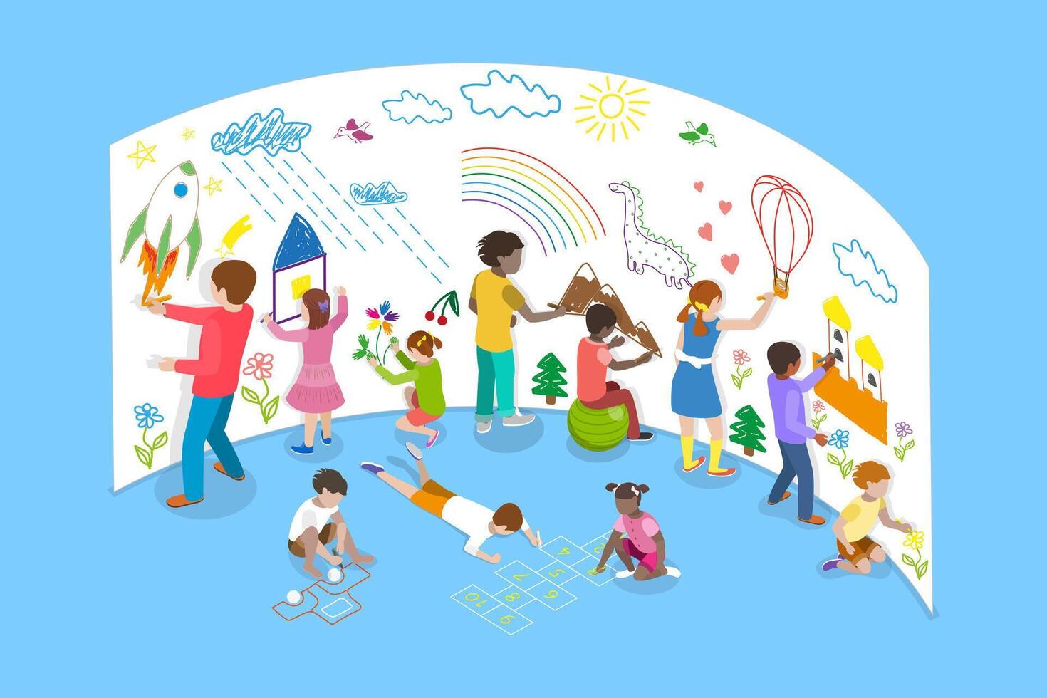 3D Isometric Flat Illustration of Happy Creative Kids, Funny Cartoon Character vector