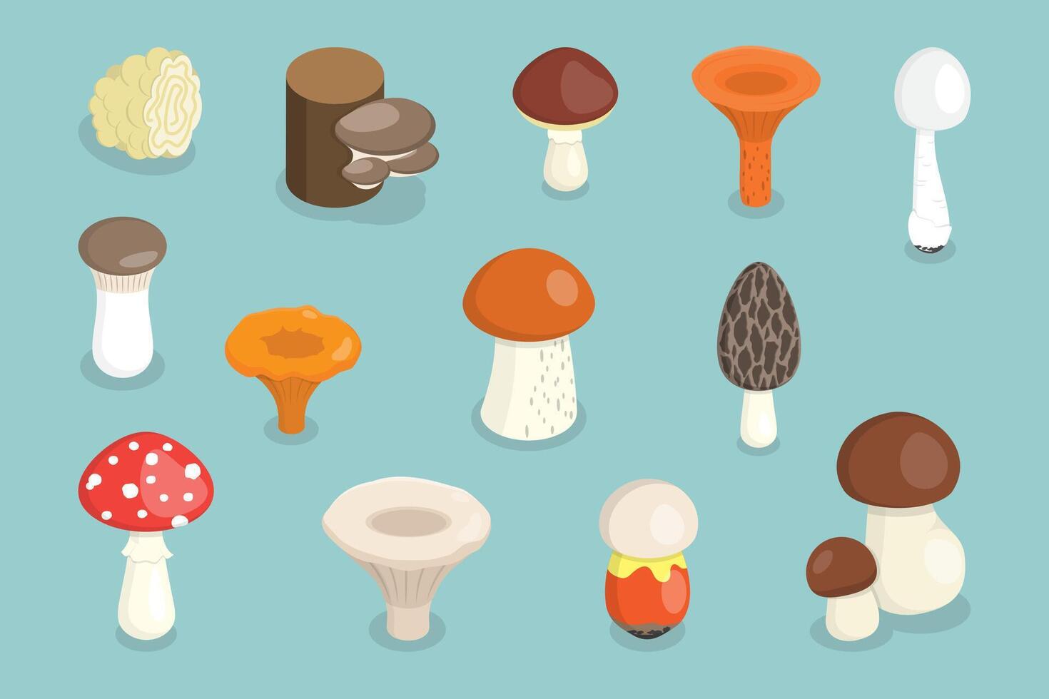 3D Isometric Flat Set of Mushrooms, Fungus Plants vector