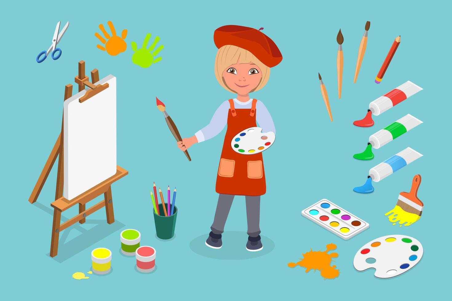 Flat Illustration of Painting, Young Creative Painter with Art Attributes vector
