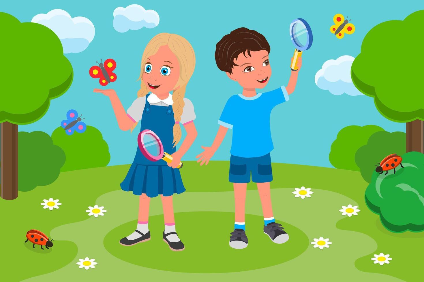 Flat Illustration of Children Observing Nature, Curious Kids Examining Plants with Magnifying Glass vector