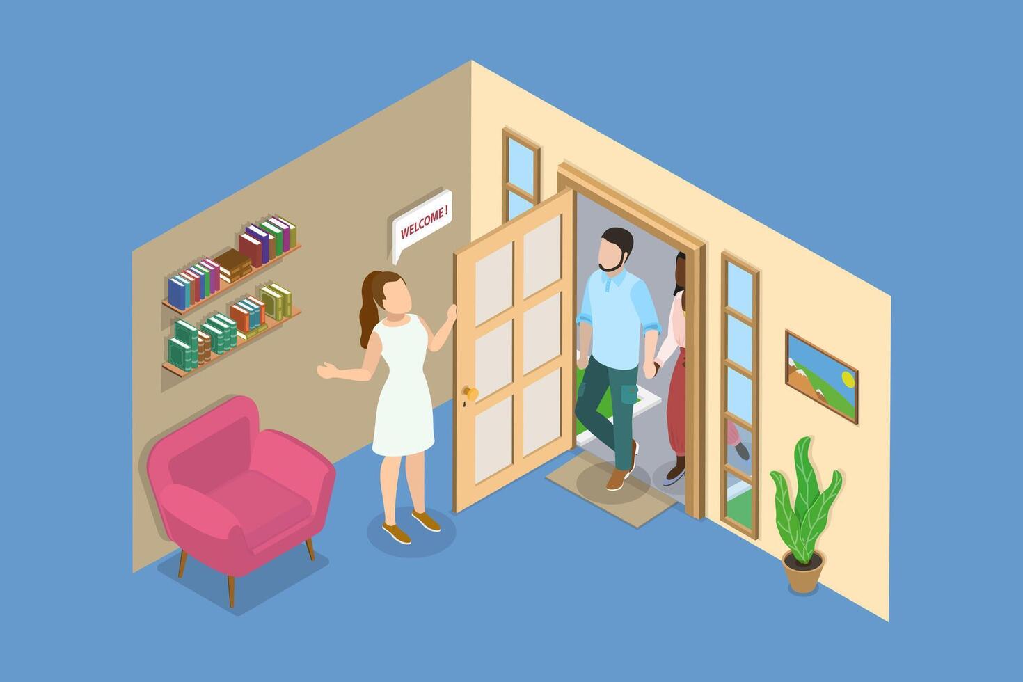 3D Isometric Flat Illustration of Showing Apartment, Guest at a Threshold vector