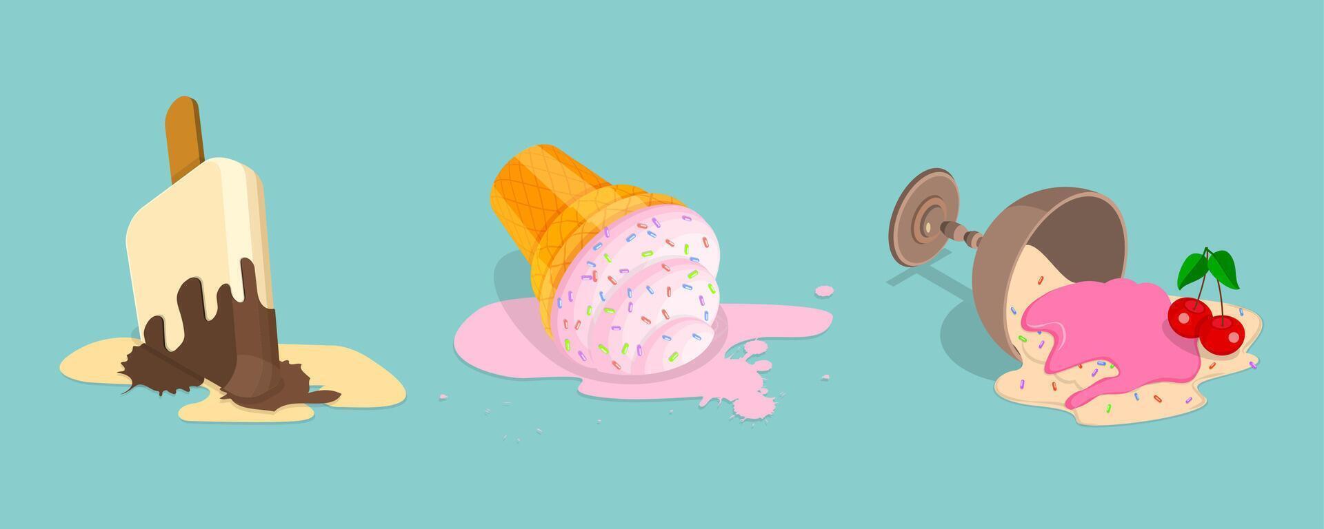 3D Isometric Flat Illustration of Set of Fallen Ice Creams, Milk Dessert Lying on Floor vector