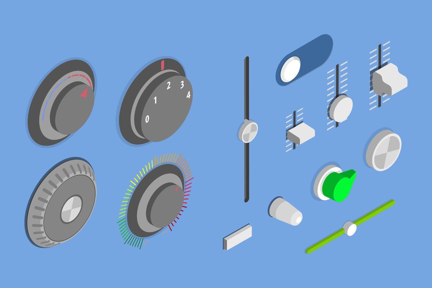 3D Isometric Flat Set of Audio Mixer Dials, Radio Knobs vector