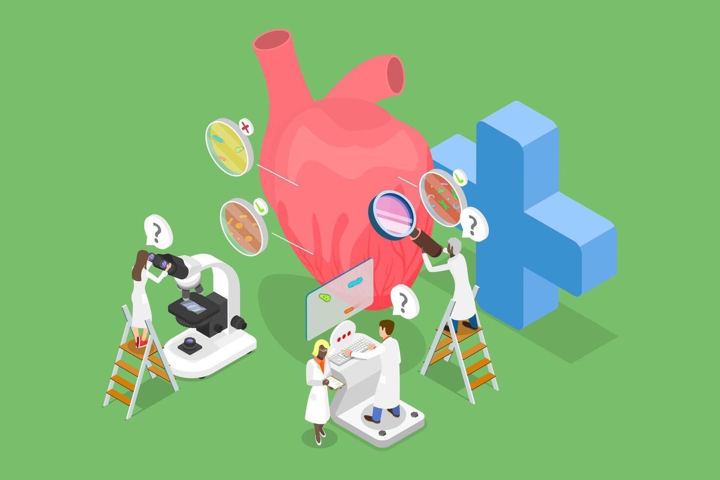 3D Isometric Flat Illustration of Bowel Microorganism Detection And Research, Medicine and Healthcare vector