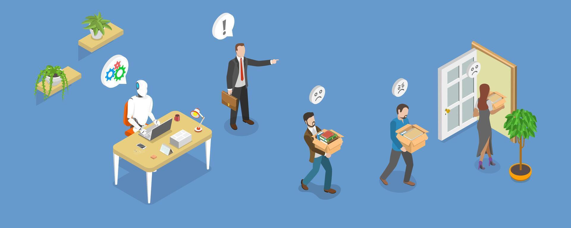 3D Isometric Flat Illustration of Robotic Process Automation Impact on Employment, Dismissal From Workplace vector