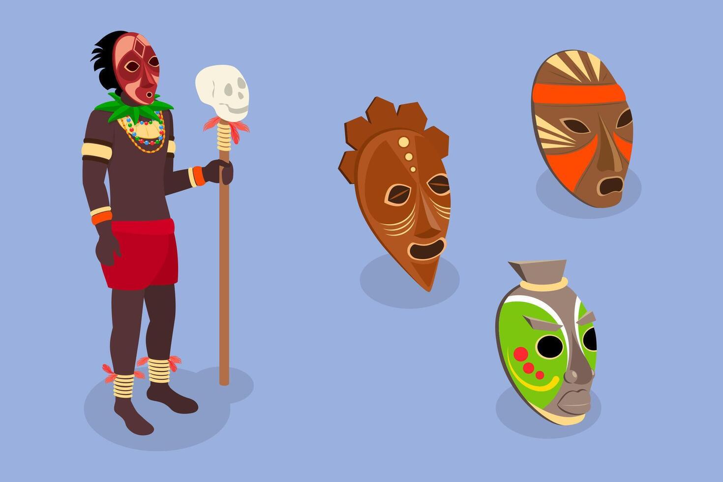 3D Isometric Flat Illustration of African Shaman, Indigenous Tribe Member vector