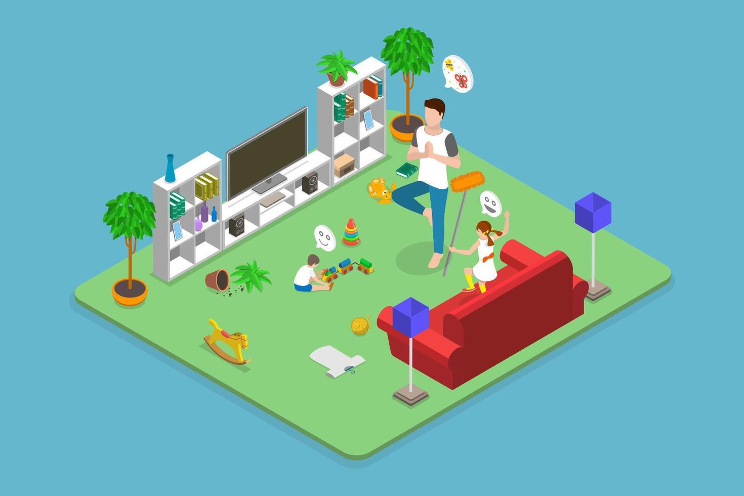 3D Isometric Flat Illustration of Calm Father, Dad in Chaos vector