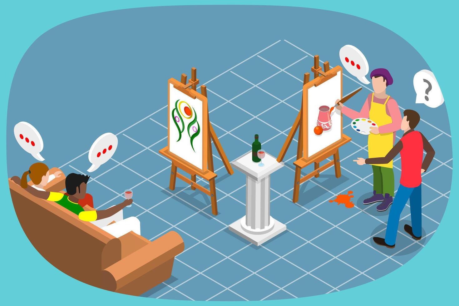 3D Isometric Flat Illustration of Creative Art Entertainment , Paint and Sip vector