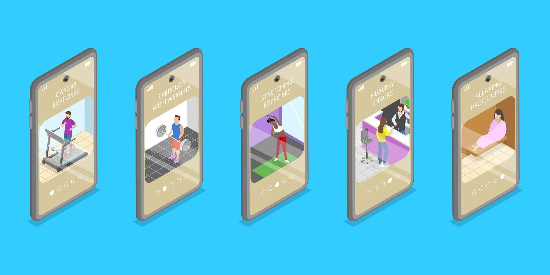 3D Isometric Flat Illustration of Workout Mobile App , Sports Activity Tracker vector