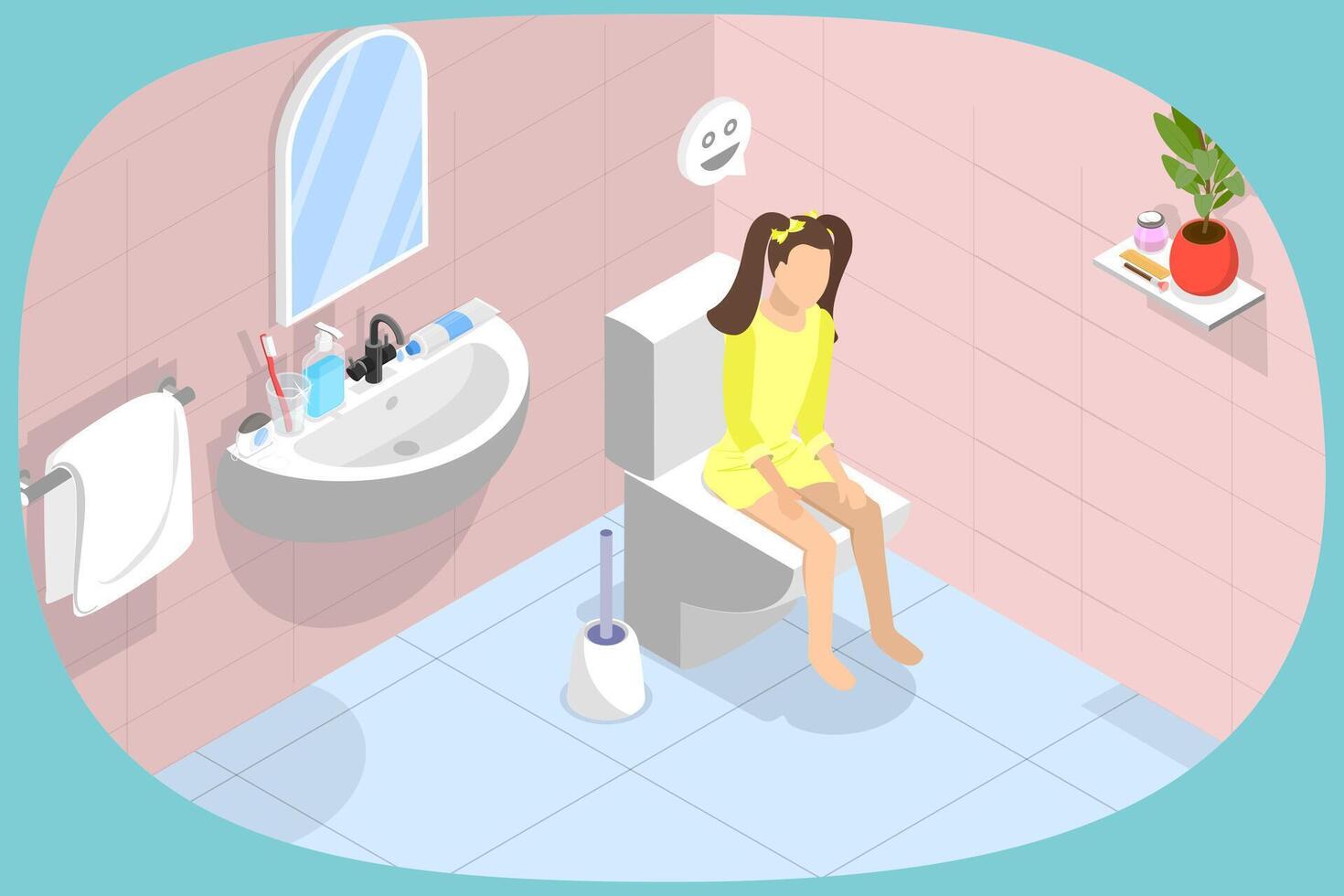 3D Isometric Flat Illustration of Girl Using Toilet , Washroom Routine vector