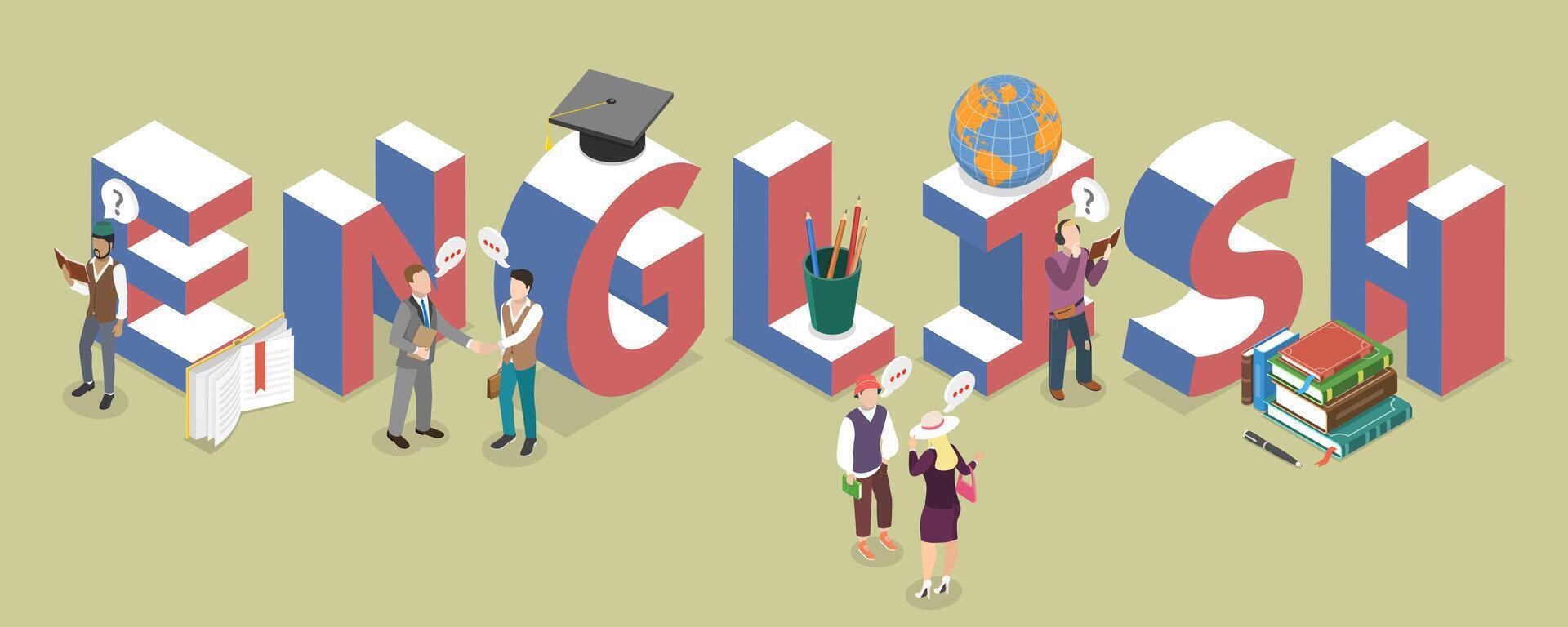 3D Isometric Flat Illustration of Learning English, Education, Foreign Language vector