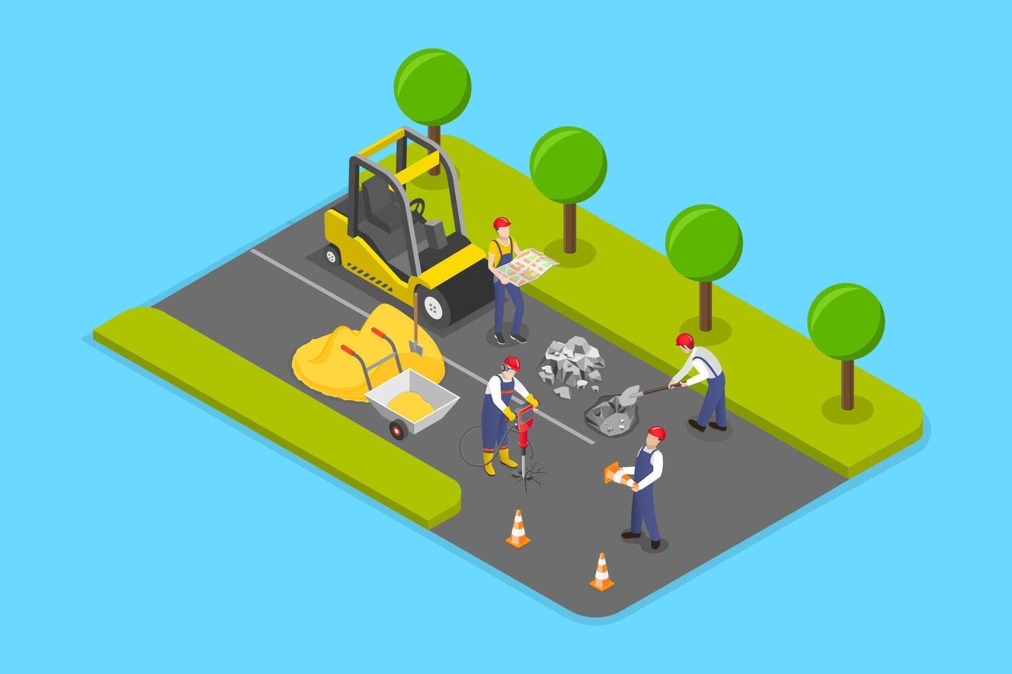 3D Isometric Flat Illustration of Road Construction, Roadworks in a City vector