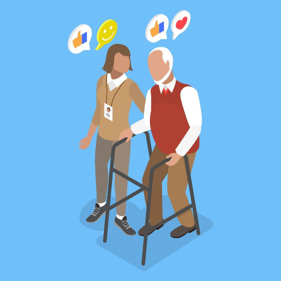 3D Isometric Flat Illustration of Social Worker, Taking Care About Seniors People vector