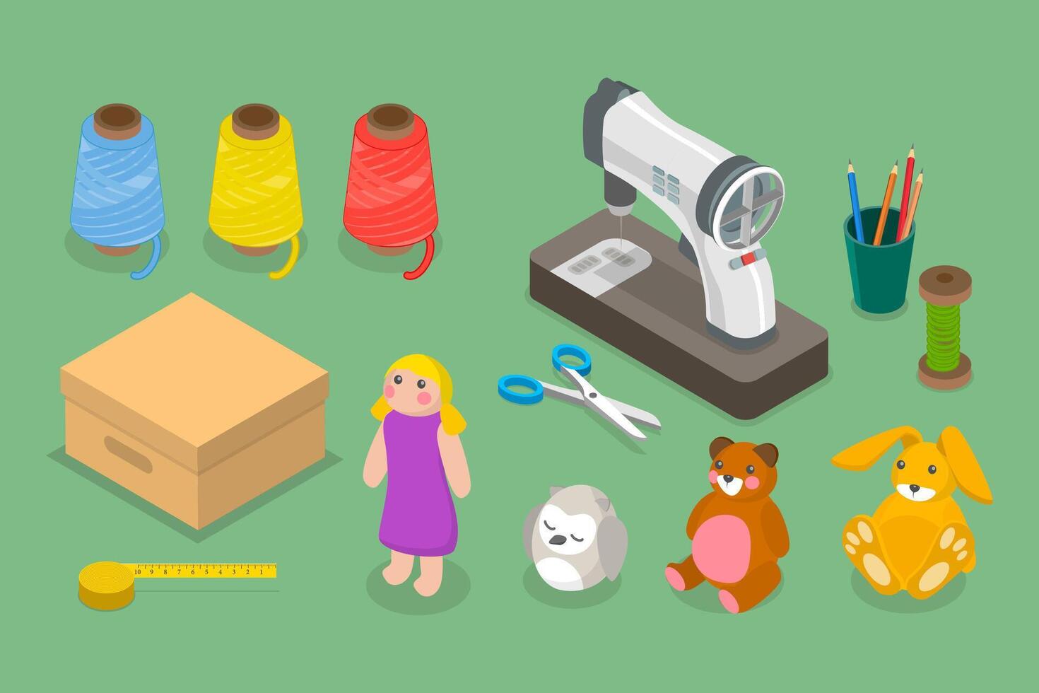 3D Isometric Flat Illustration of Handmade Toy Sewing, Craft Activities vector
