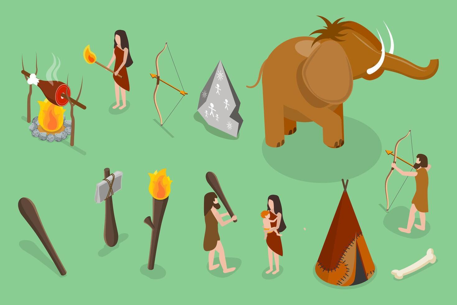 3D Isometric Flat Set of Stone Age Elements, Primitive Humen vector