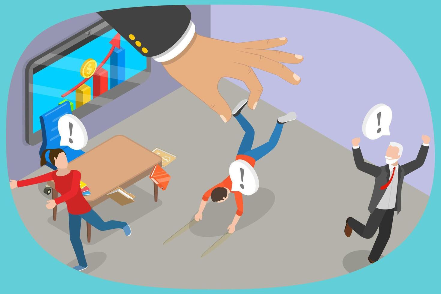 3D Isometric Flat Illustration of Hostile Manager, Stressed Office Employees vector