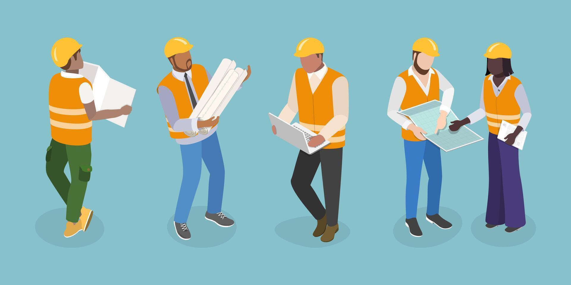 3D Isometric Flat Illustration of Workers Construction Engineers, Construction Architects in Helmets with Tools and Blueprints. vector