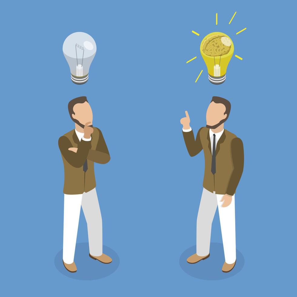 3D Isometric Flat Illustration of Thinking About a Solution, Happy Inventor vector