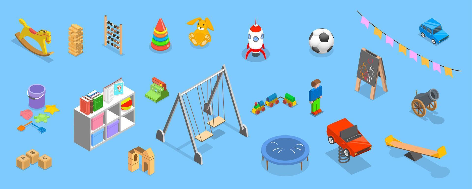 3D Isometric Flat Set of Kindergarten, Classroom of Nursery School vector