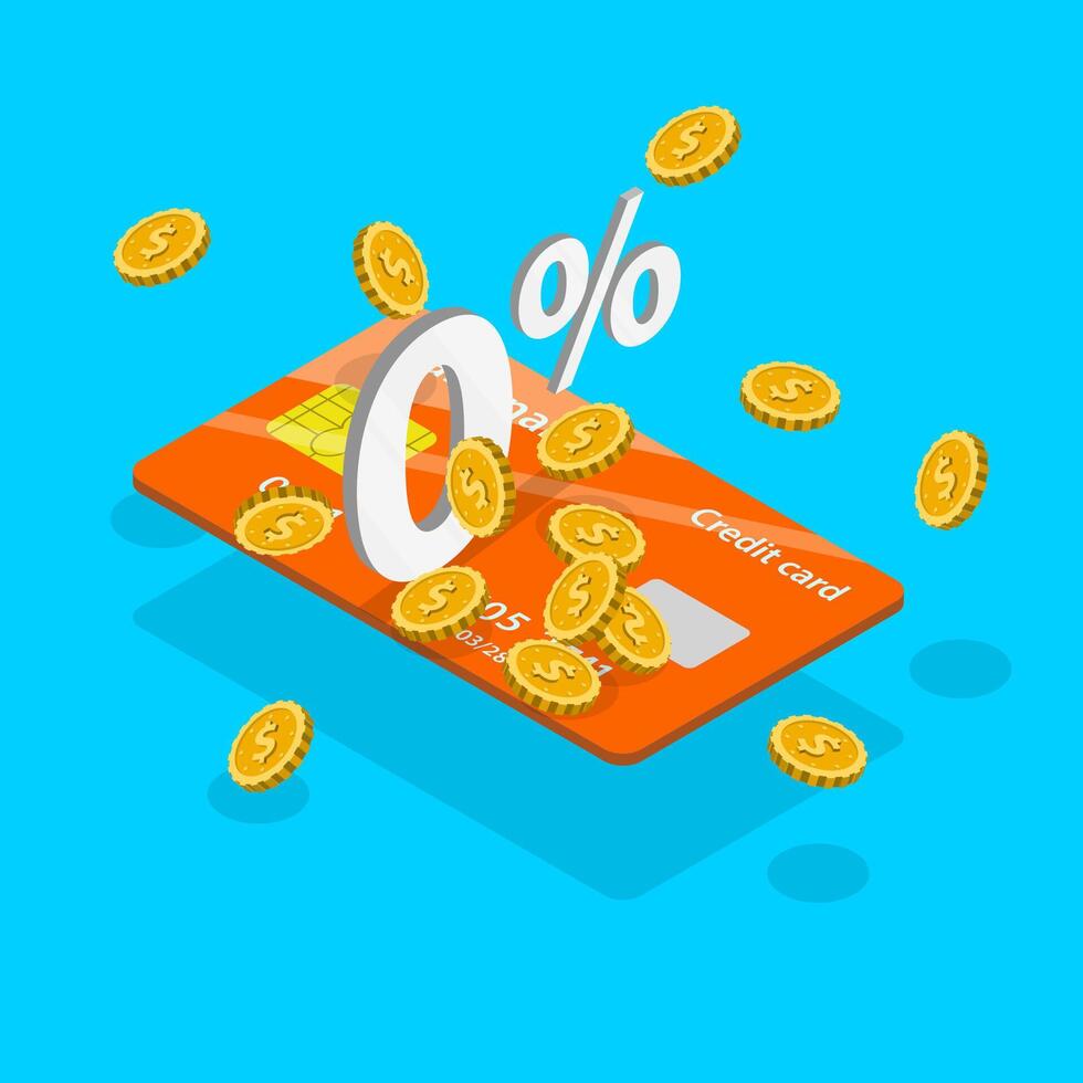 3D Isometric Flat Illustration of 0 percent Interest Free Rate, Zero Percent Interest Installment vector