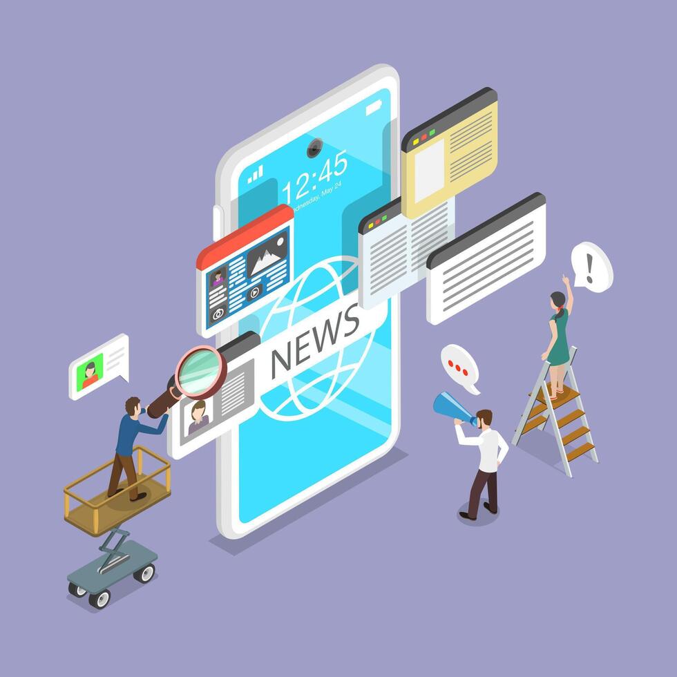 3D Isometric Flat Illustration of Online News Mobile App, Internet Press or Web Articles vector