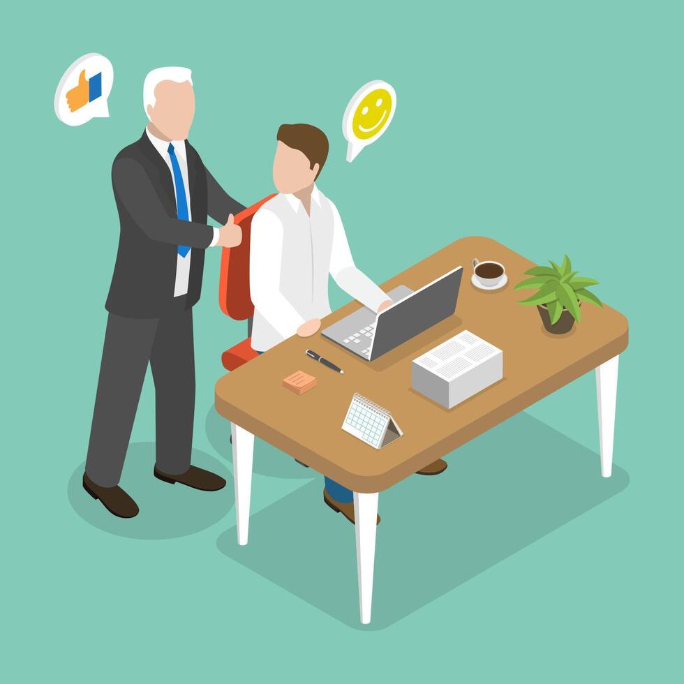 3D Isometric Flat Illustration of Happy Employer, Employee Recognition vector