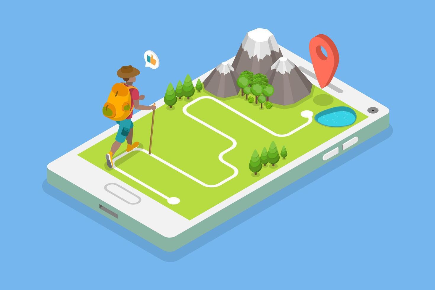 3D Isometric Flat Illustration of Mountain Tourism, Hiking Trail vector