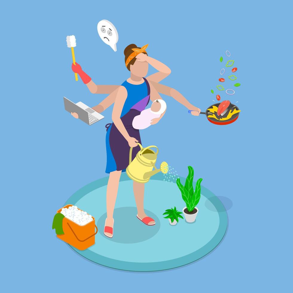 3D Isometric Flat Illustration of Motherhood Challenges, Multitasking Mom and Housewife vector