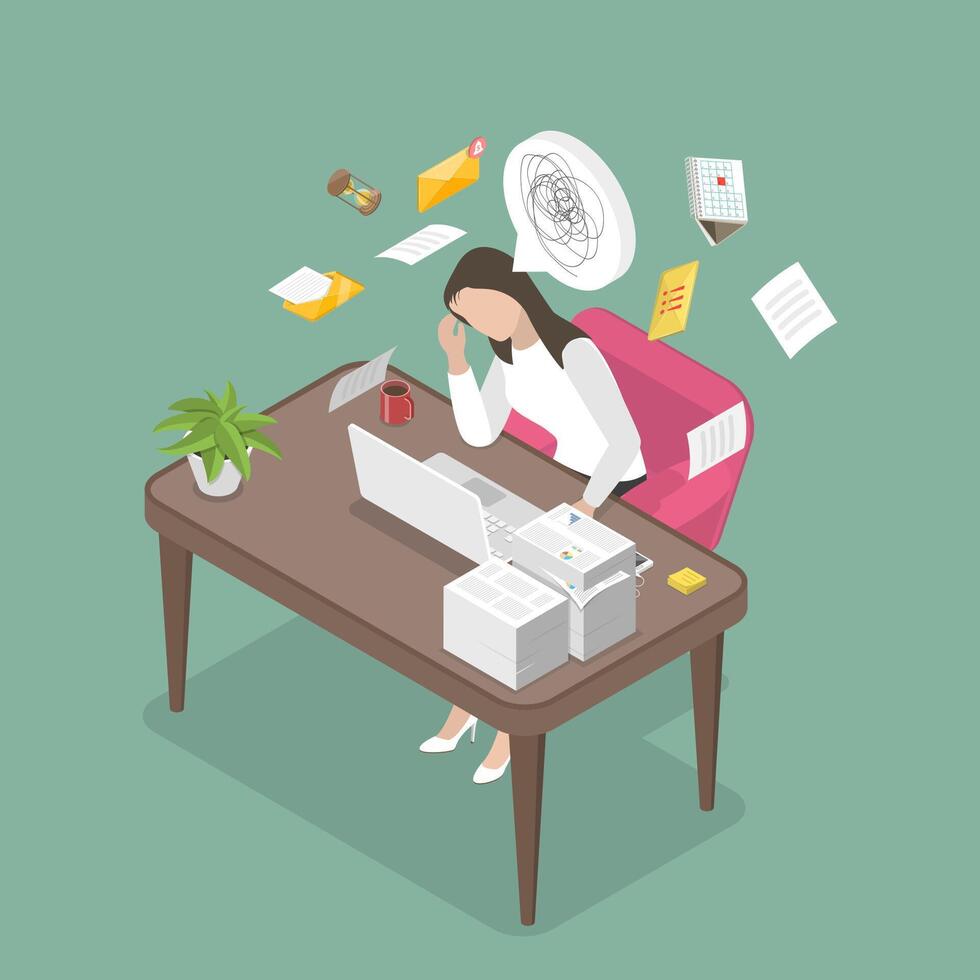 3D Isometric Flat Illustration of Frustrated Overworked Woman, Stress Due to Burning Deadlines vector