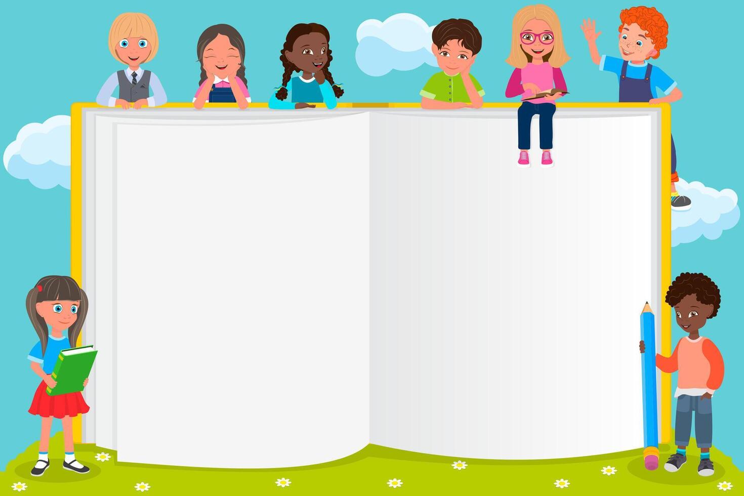 Flat Illustration of Brochure With Kids, Happy Smiling Children Holding Open Books vector