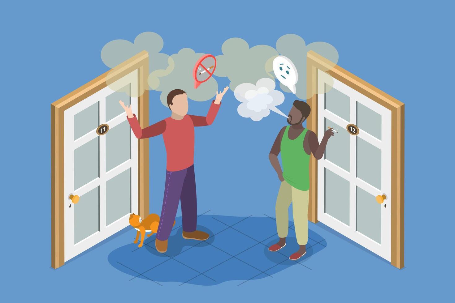 3D Isometric Flat Illustration of Neighbor Smoker, Harmful Addiction vector