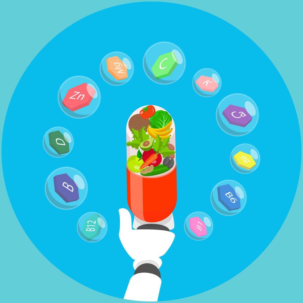 3D Isometric Flat Illustration of Medical Cybernetics Innovation, Supplement Nutrition vector