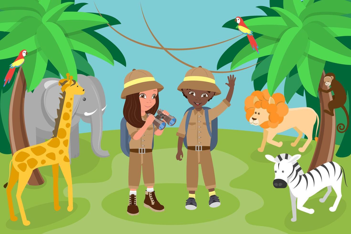 Flat Illustration of Jungle Explorers, Happy Kids Exploring Nature vector