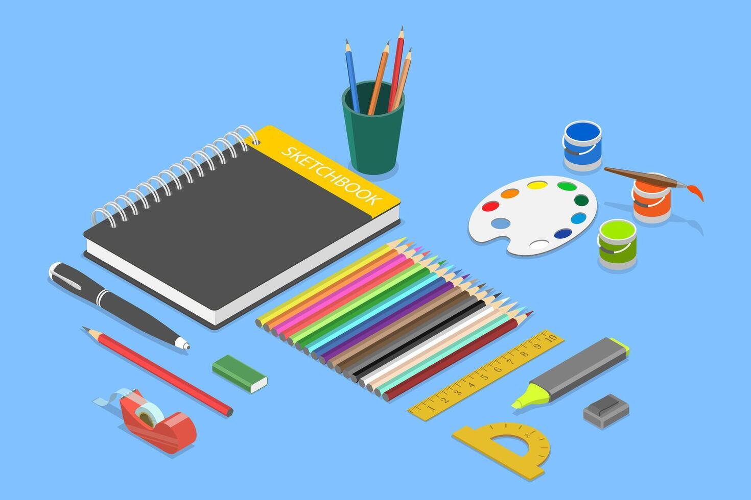 3D Isometric Flat Set of Various Sketching Tools, Art Supplies vector