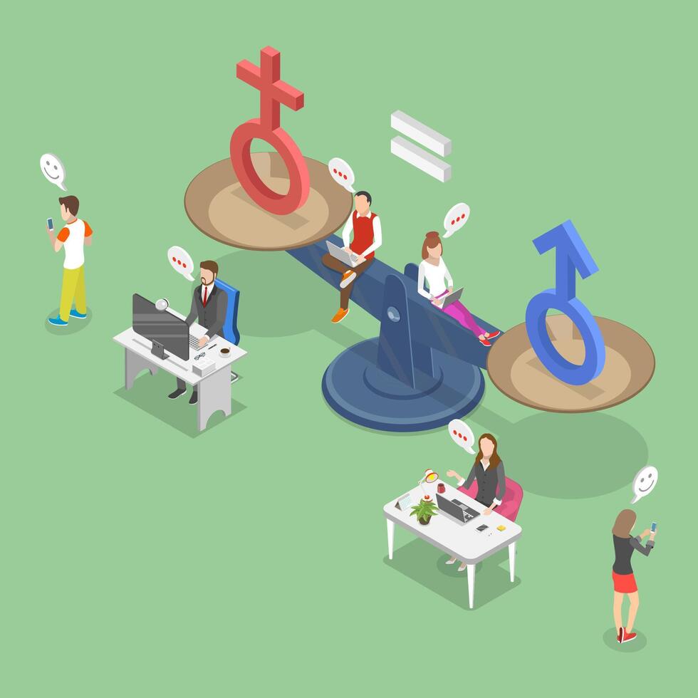 3D Isometric Flat Illustration of Gender Equality, Man and woman collaborating on balanced scales. vector