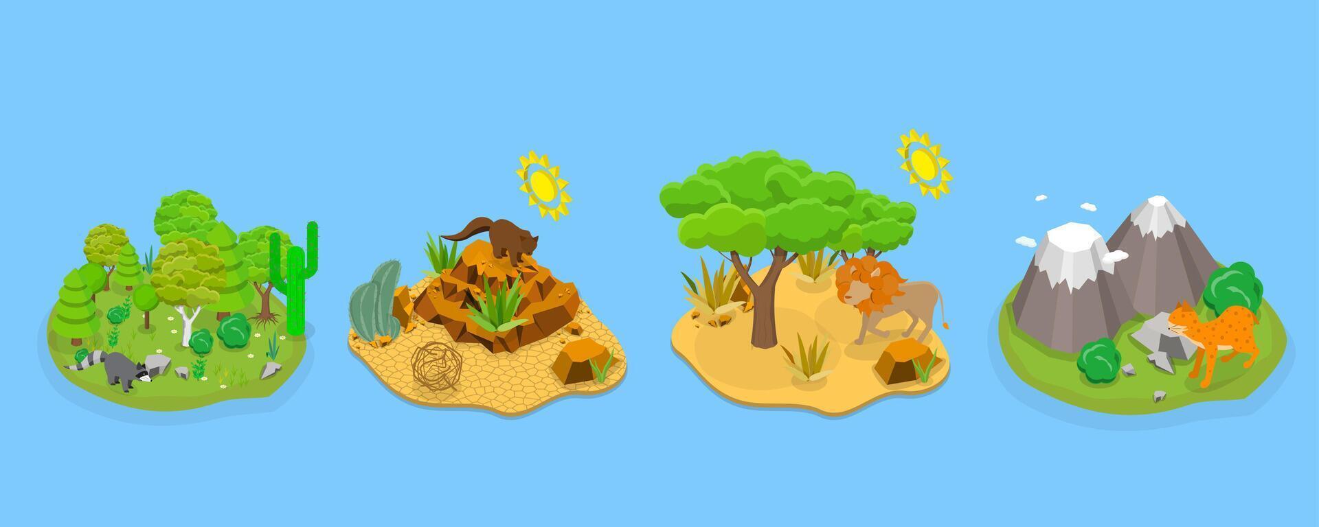3D Isometric Flat Illustration of Wildlife Fauna, Wild Animals Habitat Types vector