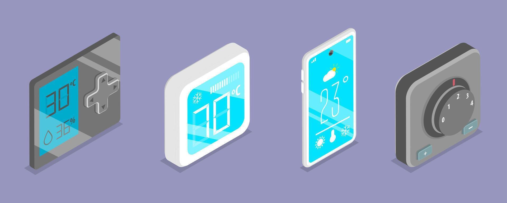 3D Isometric Flat Set of Smart Home Heating And Cooling, Thermostat Collection vector