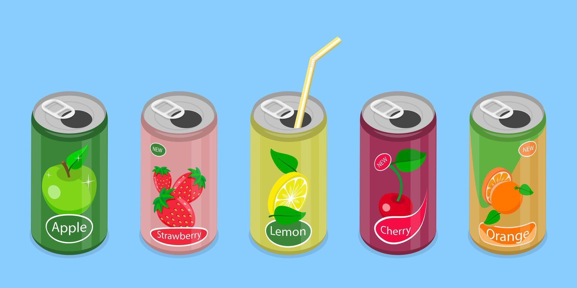 3D Isometric Flat Set of Soda Drinks, Soft Beverages Cans vector
