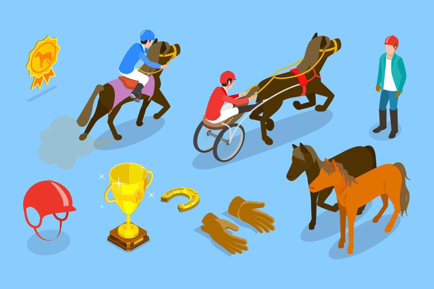 3D Isometric Flat Set of Equestrian Elements, Horse Riding vector