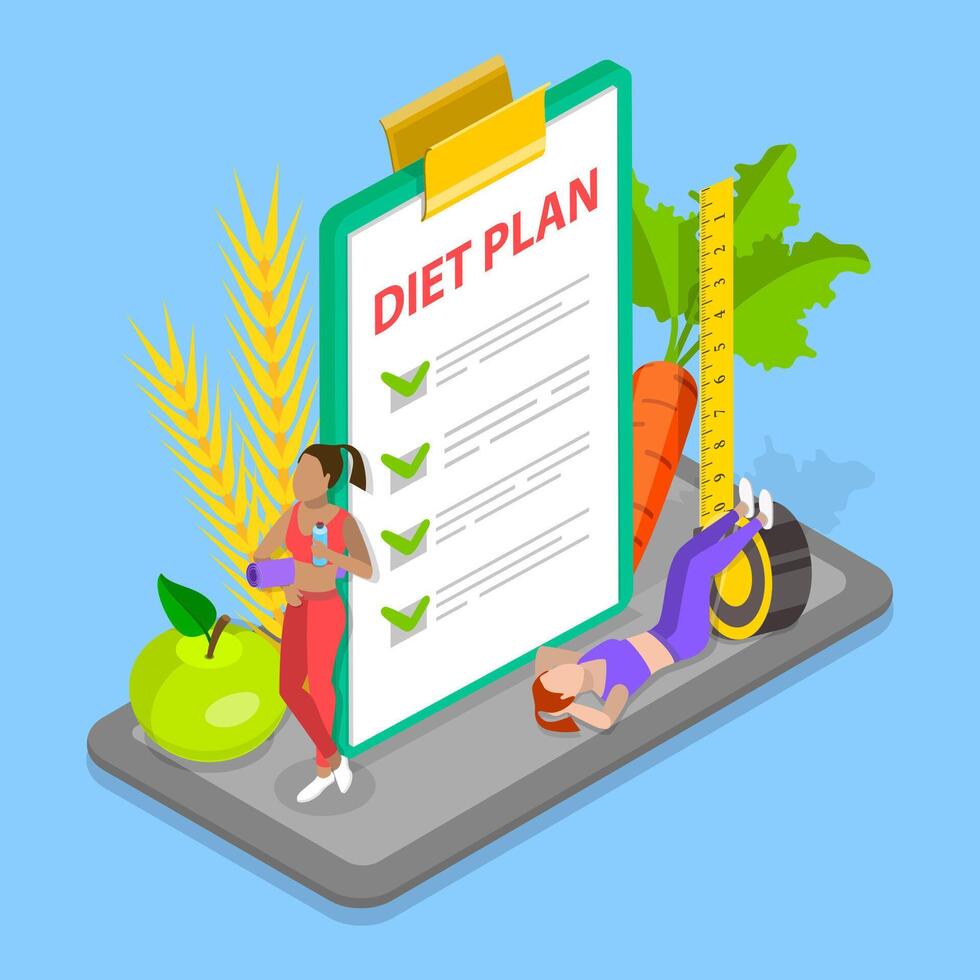 3D Isometric Flat Illustration of Diet Plan Checklist, Calorie Control, Individual Dietary vector