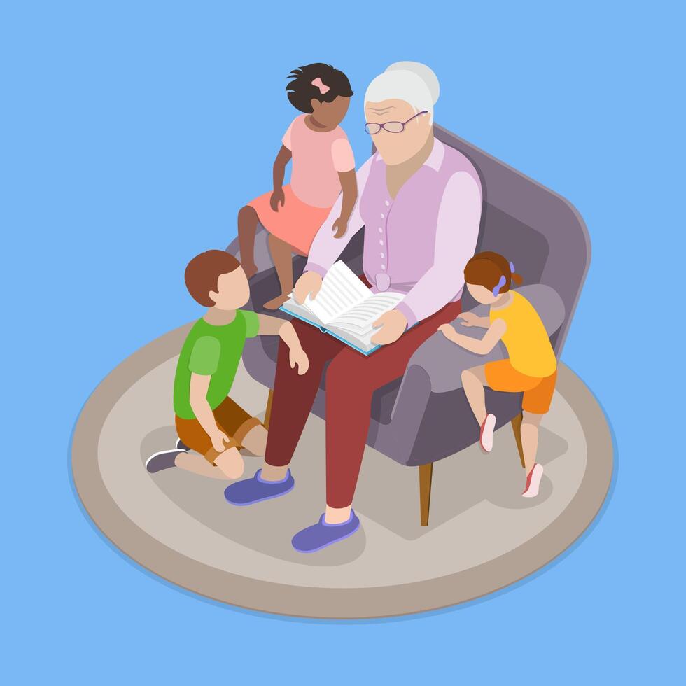 3D Isometric Flat Illustration of Reading With Grandma , Grandmother and Grandkids Time vector