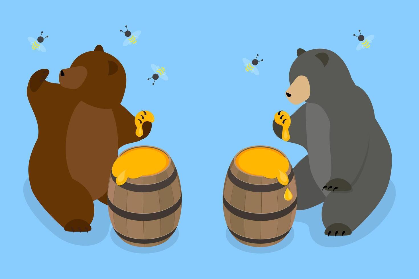 3D Isometric Flat Illustration of Bear Eating Honey, Sticky Nectar on the Paw vector