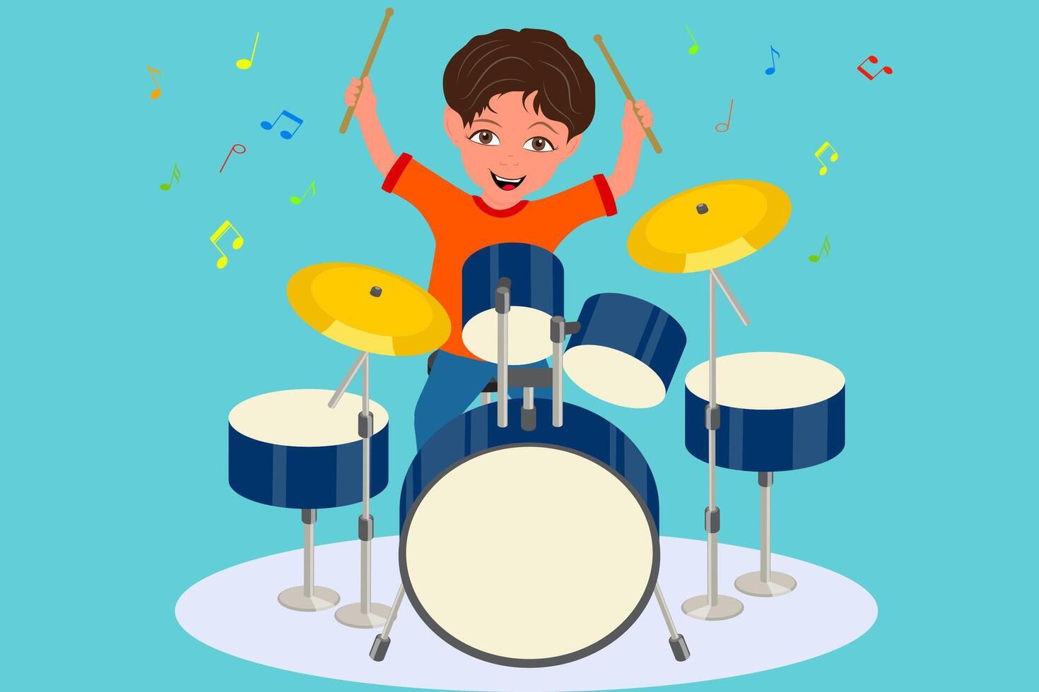 Flat Illustration of Cute Boy Playing Drums, Kids Band vector