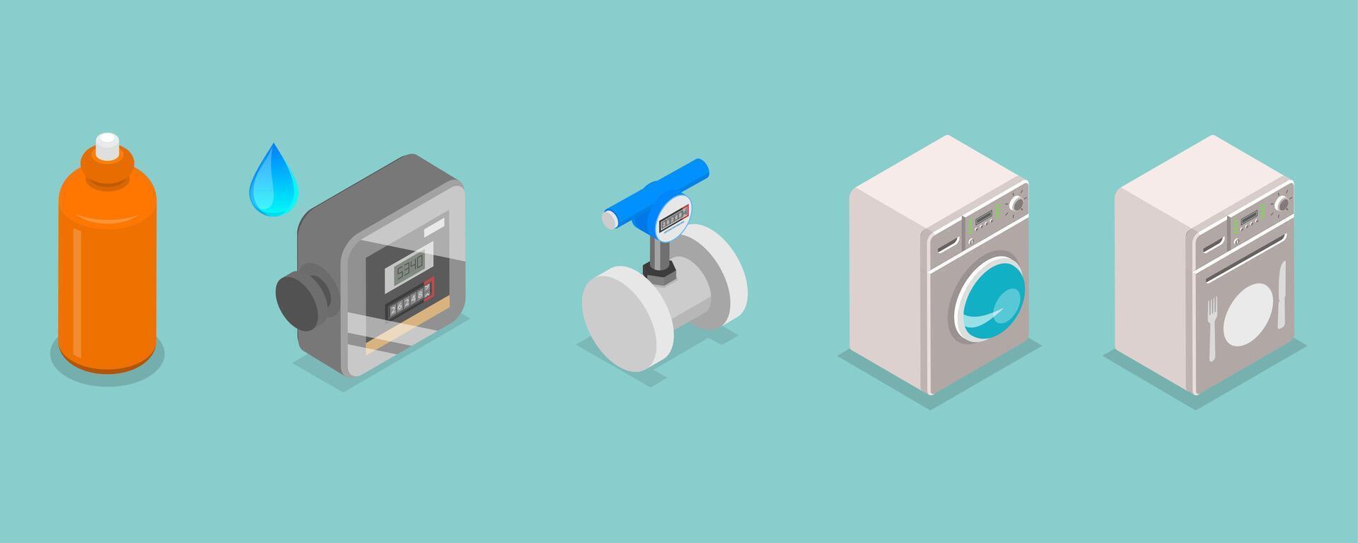 3D Isometric Flat Set of Rainwater Harvesting Items Part 2, Household Reuse System vector